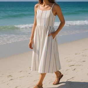 Lands' End Striped Linen Midi Dress